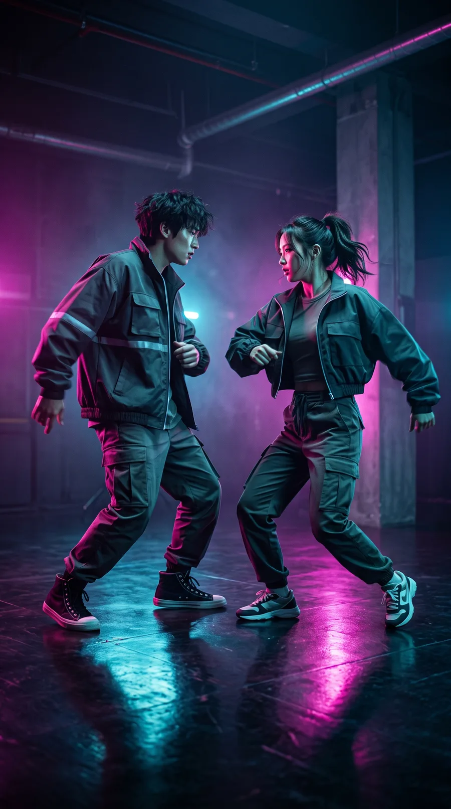 AI-generated neon dance, fictional characters: a man and a woman dancing face to face in a neon studio