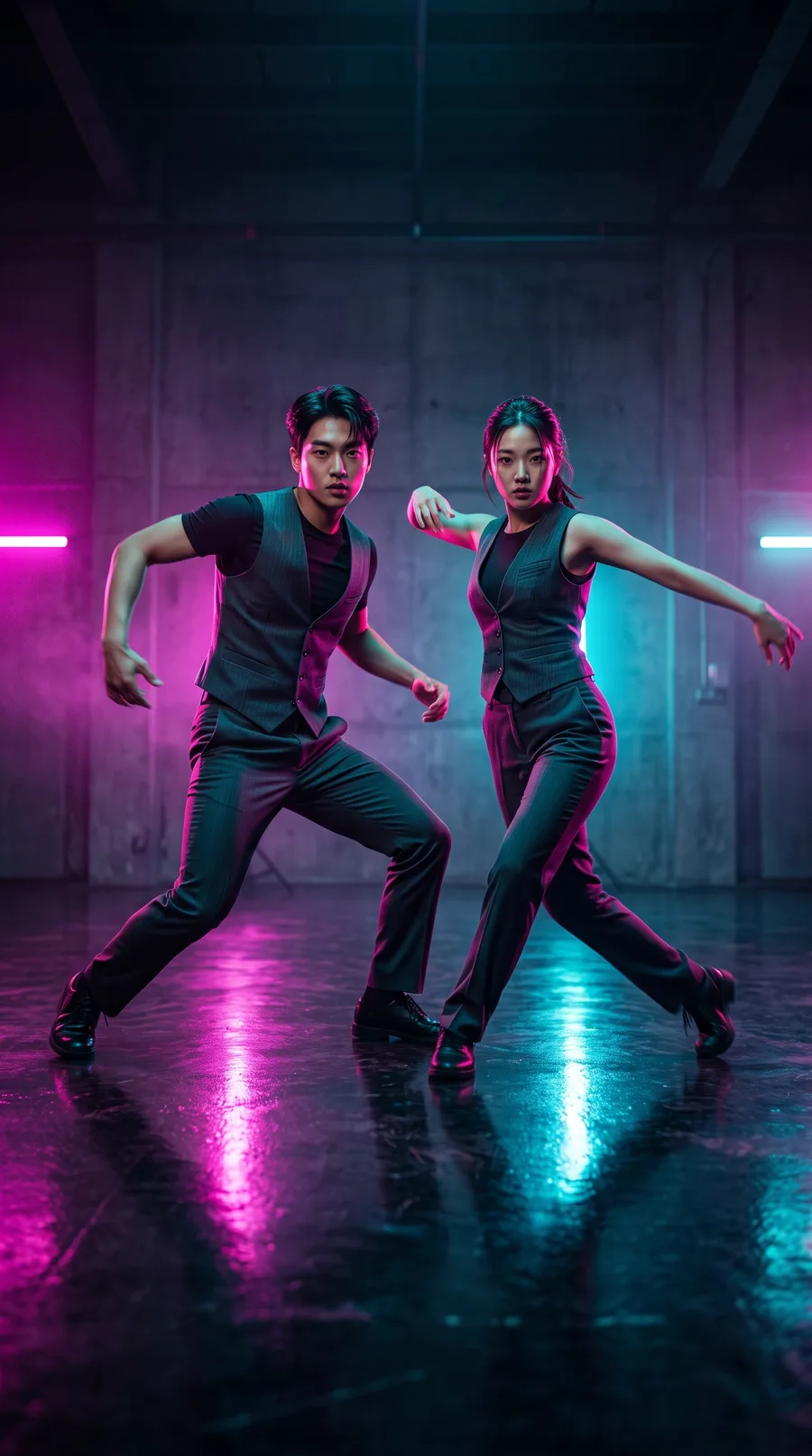 AI-generated neon dance, fictional characters: two dancers in matching vests under pink and blue neon